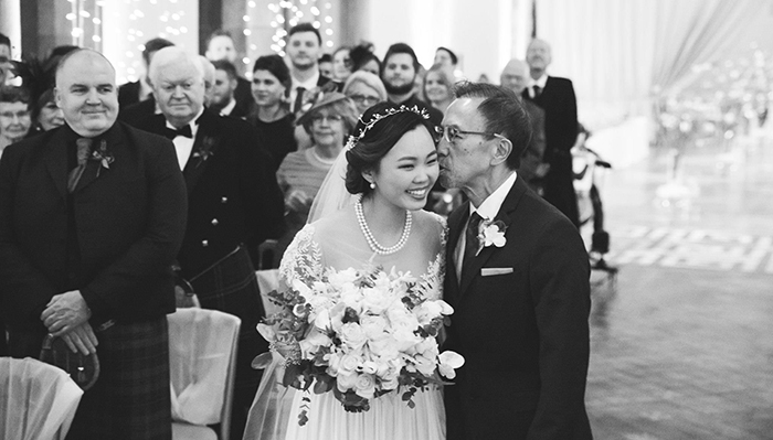 Father giving daughter away - wedding at Mansfield Traquair in Edinburgh. Photo credit: Kirsty Stroma Photography